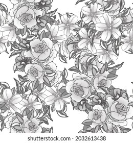 Abstract seamless pattern with plants, herbs and flowers, botanical illustration.