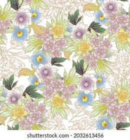 Abstract seamless pattern with plants, herbs and flowers, botanical illustration.