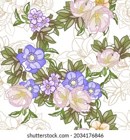 Abstract seamless pattern with plants, herbs and flowers, botanical illustration.