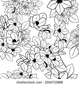 Abstract seamless pattern with plants, herbs and flowers, botanical illustration.