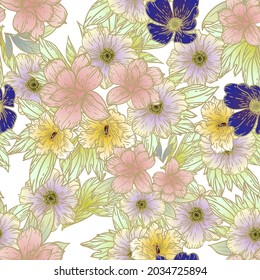 Abstract seamless pattern with plants, herbs and flowers, botanical illustration.