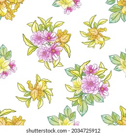 Abstract seamless pattern with plants, herbs and flowers, botanical illustration.