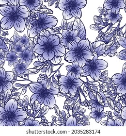 Abstract seamless pattern with plants, herbs and flowers, botanical illustration.