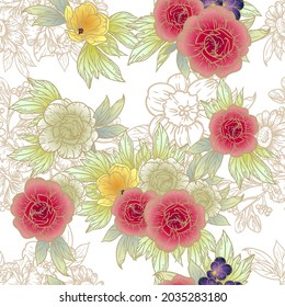 Abstract seamless pattern with plants, herbs and flowers, botanical illustration.