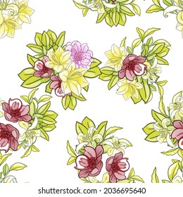 Abstract seamless pattern with plants, herbs and flowers, botanical illustration.