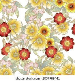 Abstract seamless pattern with plants, herbs and flowers, botanical illustration.