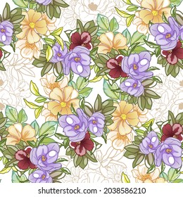 Abstract seamless pattern with plants, herbs and flowers, botanical illustration.