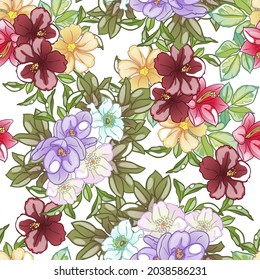 Abstract seamless pattern with plants, herbs and flowers, botanical illustration.