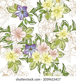 Abstract seamless pattern with plants, herbs and flowers, botanical illustration.