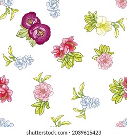 Resumen de patrón sin fisuras con plantas, hierbas y flores, ilustración botánica.
