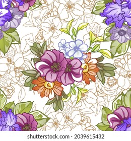 Abstract seamless pattern with plants, herbs and flowers, botanical illustration.