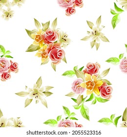 Abstract seamless pattern with plants, herbs and flowers, botanical illustration.