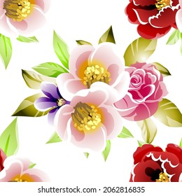 Abstract seamless pattern with plants, herbs and flowers, botanical illustration.