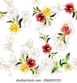 Abstraktes nahtloses Muster mit Pflanzen, Kräutern und Blumen, botanische Illustration.