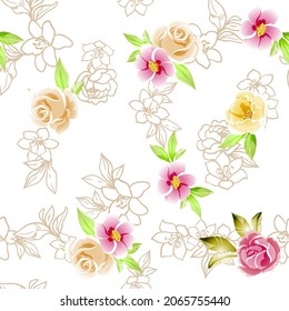 Abstract seamless pattern with plants, herbs and flowers, botanical illustration.