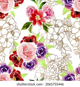 Abstract seamless pattern with plants, herbs and flowers, botanical illustration.