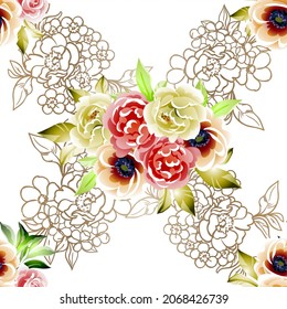 Abstract seamless pattern with plants, herbs and flowers, botanical illustration.