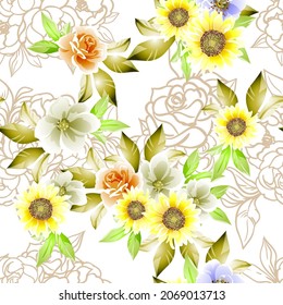 Abstract seamless pattern with plants, herbs and flowers, botanical illustration.