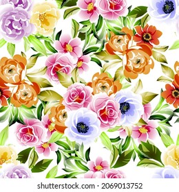 Abstract seamless pattern with plants, herbs and flowers, botanical illustration.