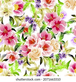 Abstract seamless pattern with plants, herbs and flowers, botanical illustration.