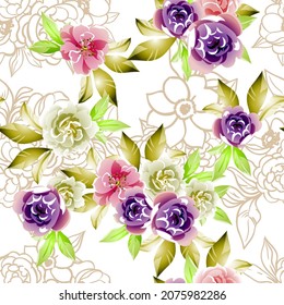 Abstract seamless pattern with plants, herbs and flowers, botanical illustration.