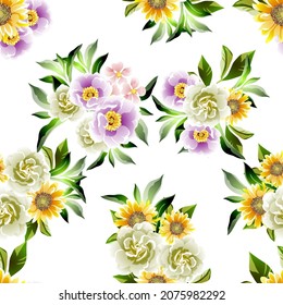 Abstract seamless pattern with plants, herbs and flowers, botanical illustration.