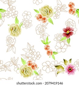 Abstract seamless pattern with plants, herbs and flowers, botanical illustration.