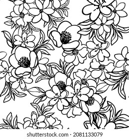 Abstract seamless pattern with plants, herbs and flowers, botanical illustration.