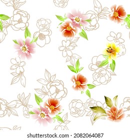 Abstract seamless pattern with plants, herbs and flowers, botanical illustration.
