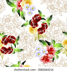Abstract seamless pattern with plants, herbs and flowers, botanical illustration.
