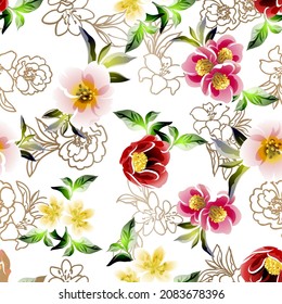 Abstract seamless pattern with plants, herbs and flowers, botanical illustration.