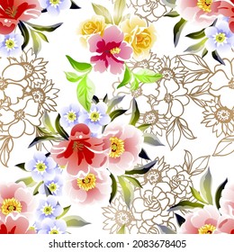 Abstract seamless pattern with plants, herbs and flowers, botanical illustration.