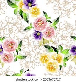 Abstract seamless pattern with plants, herbs and flowers, botanical illustration.
