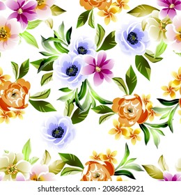 Abstract seamless pattern with plants, herbs and flowers, botanical illustration.