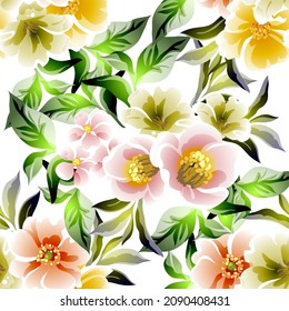 Abstract seamless pattern with plants, herbs and flowers, botanical illustration.