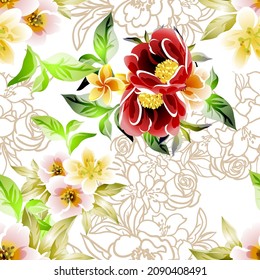 Abstract seamless pattern with plants, herbs and flowers, botanical illustration.