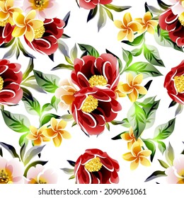 Abstract seamless pattern with plants, herbs and flowers, botanical illustration.