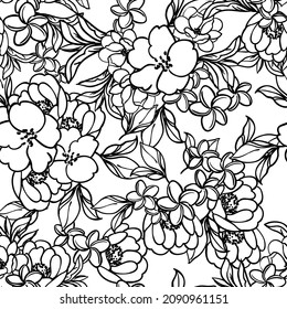 Abstract seamless pattern with plants, herbs and flowers, botanical illustration.