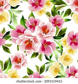 Abstract seamless pattern with plants, herbs and flowers, botanical illustration.