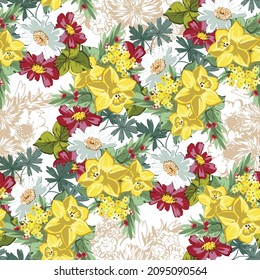 Abstract seamless pattern with plants, herbs and flowers, botanical illustration.