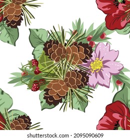 Abstract seamless pattern with plants, herbs and flowers, botanical illustration.