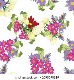 Abstract seamless pattern with plants, herbs and flowers, botanical illustration.