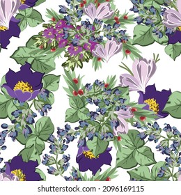 Abstract seamless pattern with plants, herbs and flowers, botanical illustration.
