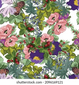 Abstract seamless pattern with plants, herbs and flowers, botanical illustration.