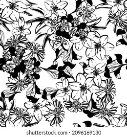 Abstract seamless pattern with plants, herbs and flowers, botanical illustration.