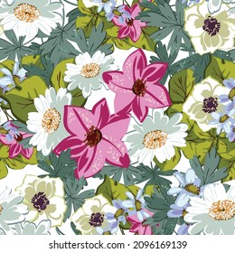 Abstract seamless pattern with plants, herbs and flowers, botanical illustration.