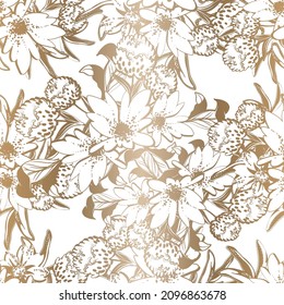 Abstract seamless pattern with plants, herbs and flowers, botanical illustration.