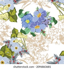 Abstract seamless pattern with plants, herbs and flowers, botanical illustration.