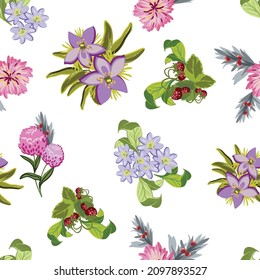 Abstract seamless pattern with plants, herbs and flowers, botanical illustration.