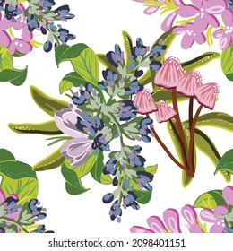 Abstract seamless pattern with plants, herbs and flowers, botanical illustration.